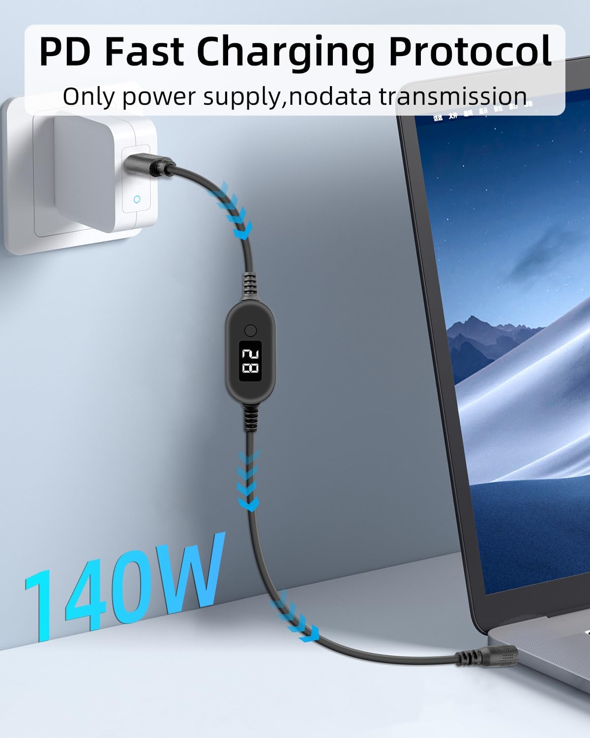 Cable USB C a CC ajustable 140 W interruptor 5-28 V kit 28 enchufes