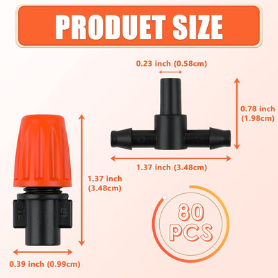 80 Goteros Riego Ajustable 1/4pulg Conector T 3 Vías Jardín