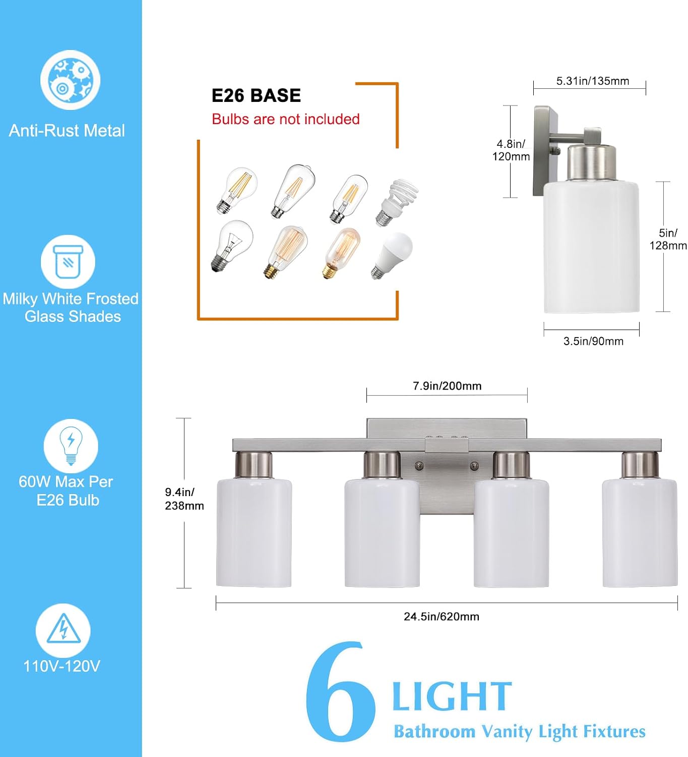 4 Luces Tocador Níquel Cepillado Vidrio Esmerilado E26