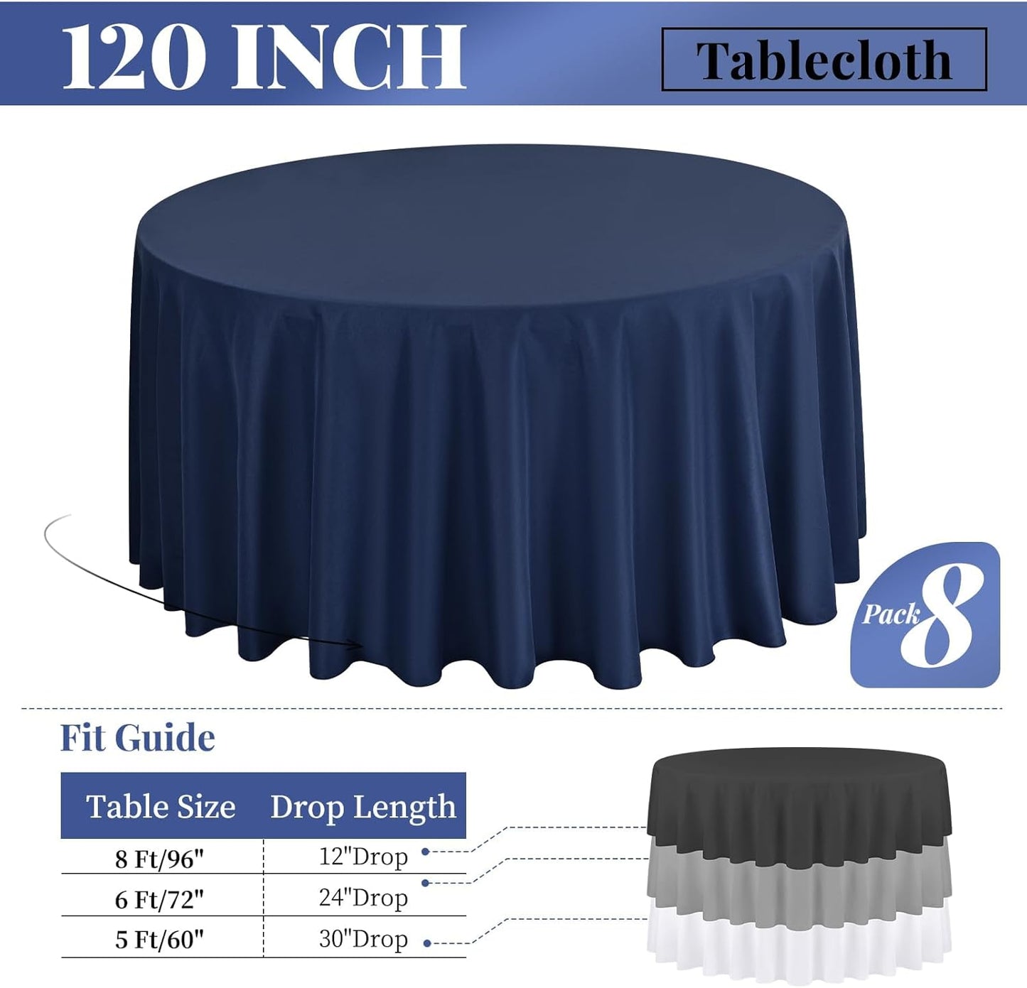 Manteles redondos de poliéster navy blue para mesa de 120 pulgadas