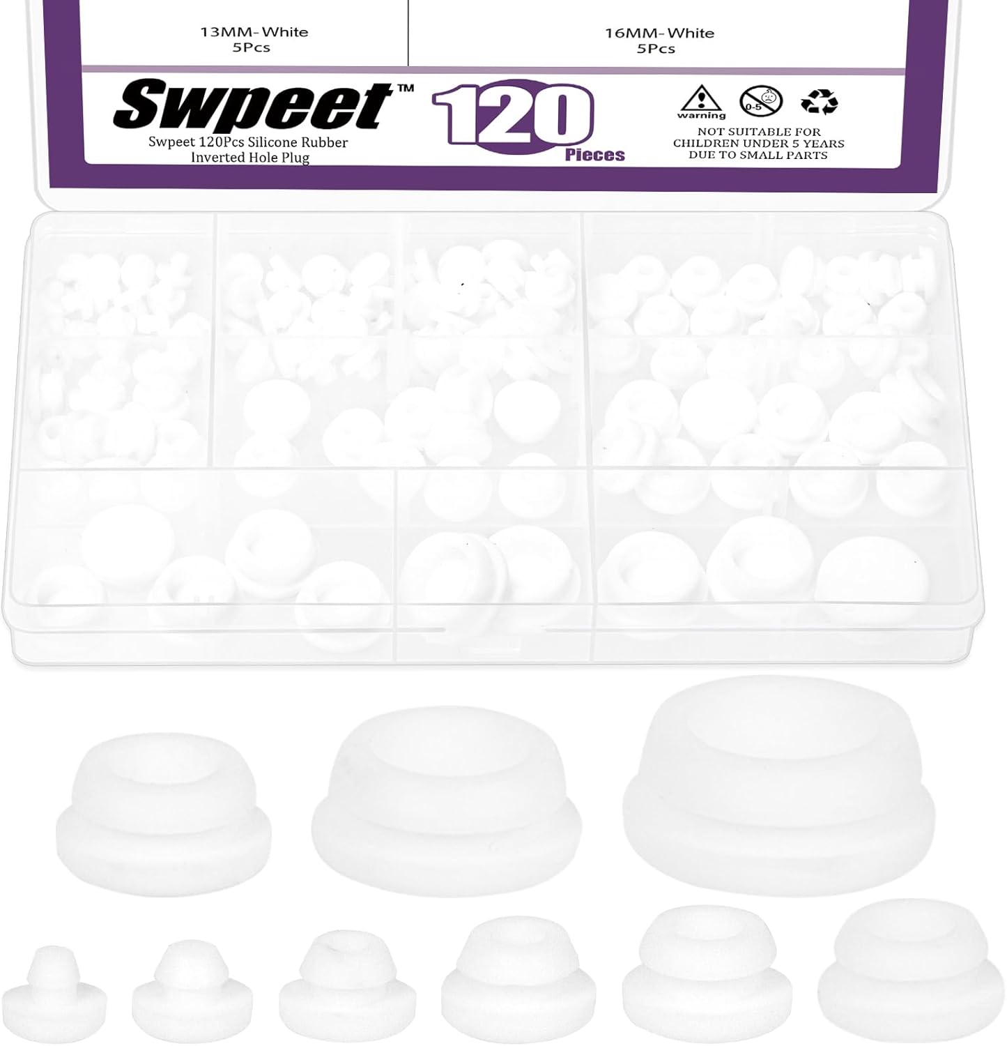 Kit 120 Tapones Goma Blanco Tamaños 0.12-0.5pulg
