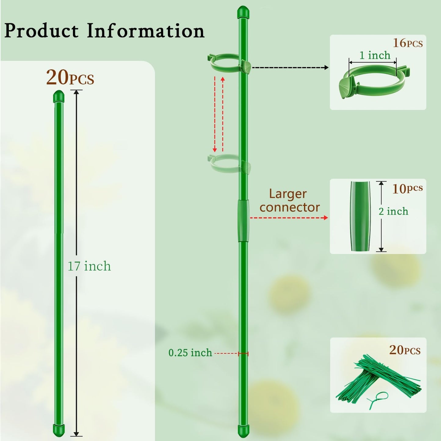 20 Estacas Soporte Plantas 17pulg 3-5pies con Clips