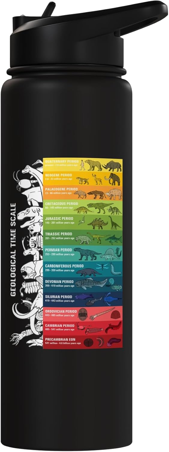 Botella de agua aislada de acero inoxidable con escala geológica y dinosaurio