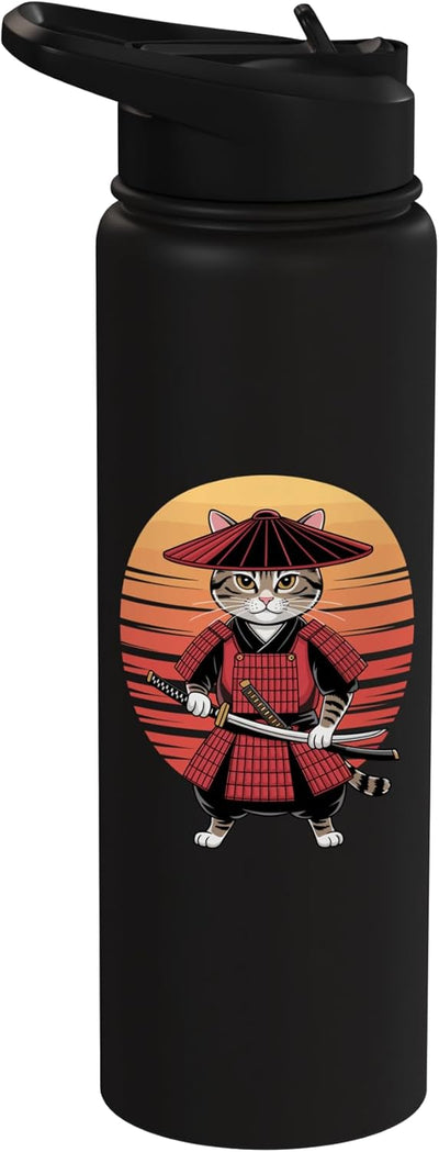Botella de agua acero inoxidable samurái gato japonés