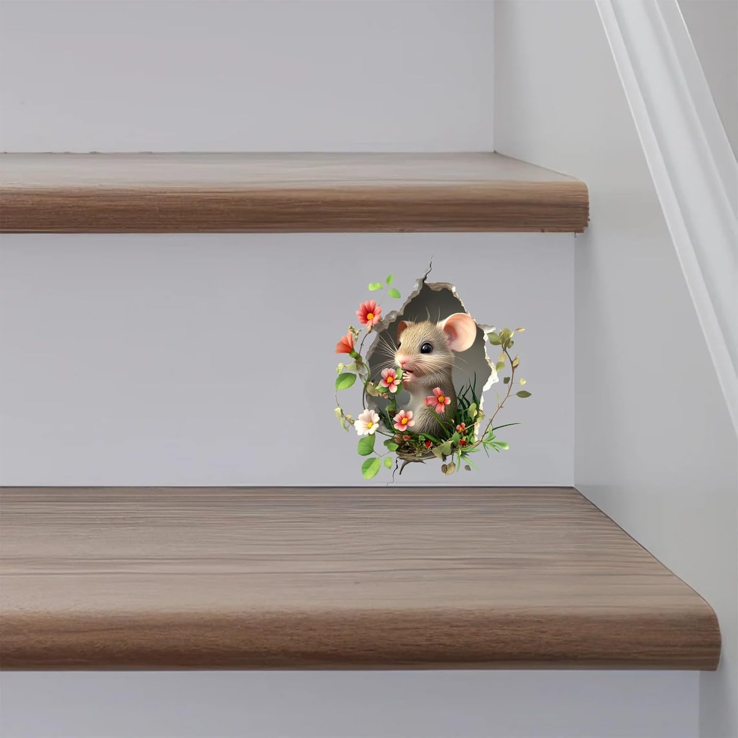 Adhesivo 3D mamá y bebé ratón con flores para pared