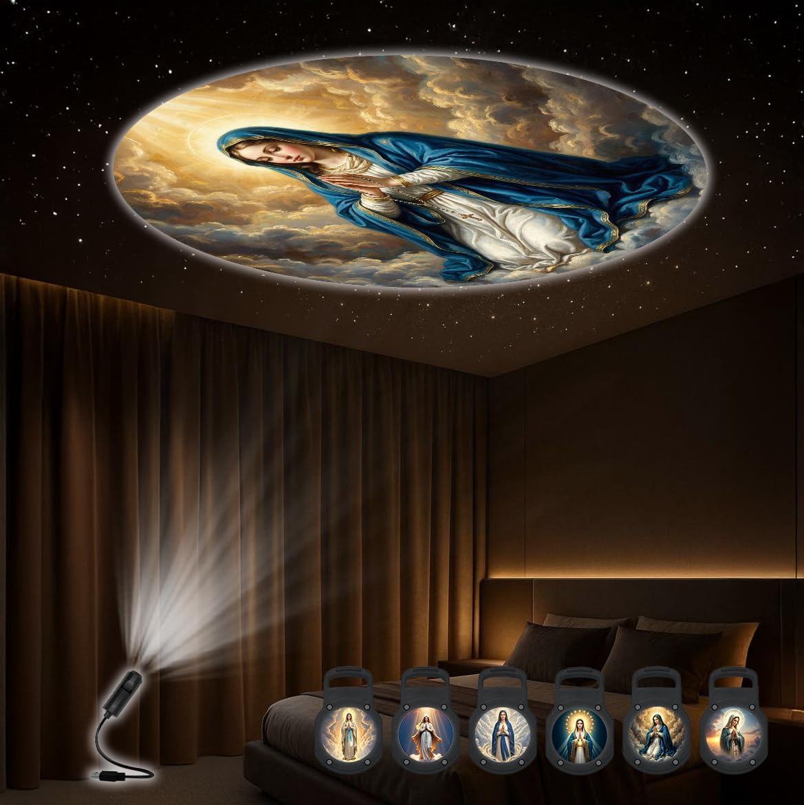 Luz proyección Virgin-Mary patrones 360° USB portátil decoración