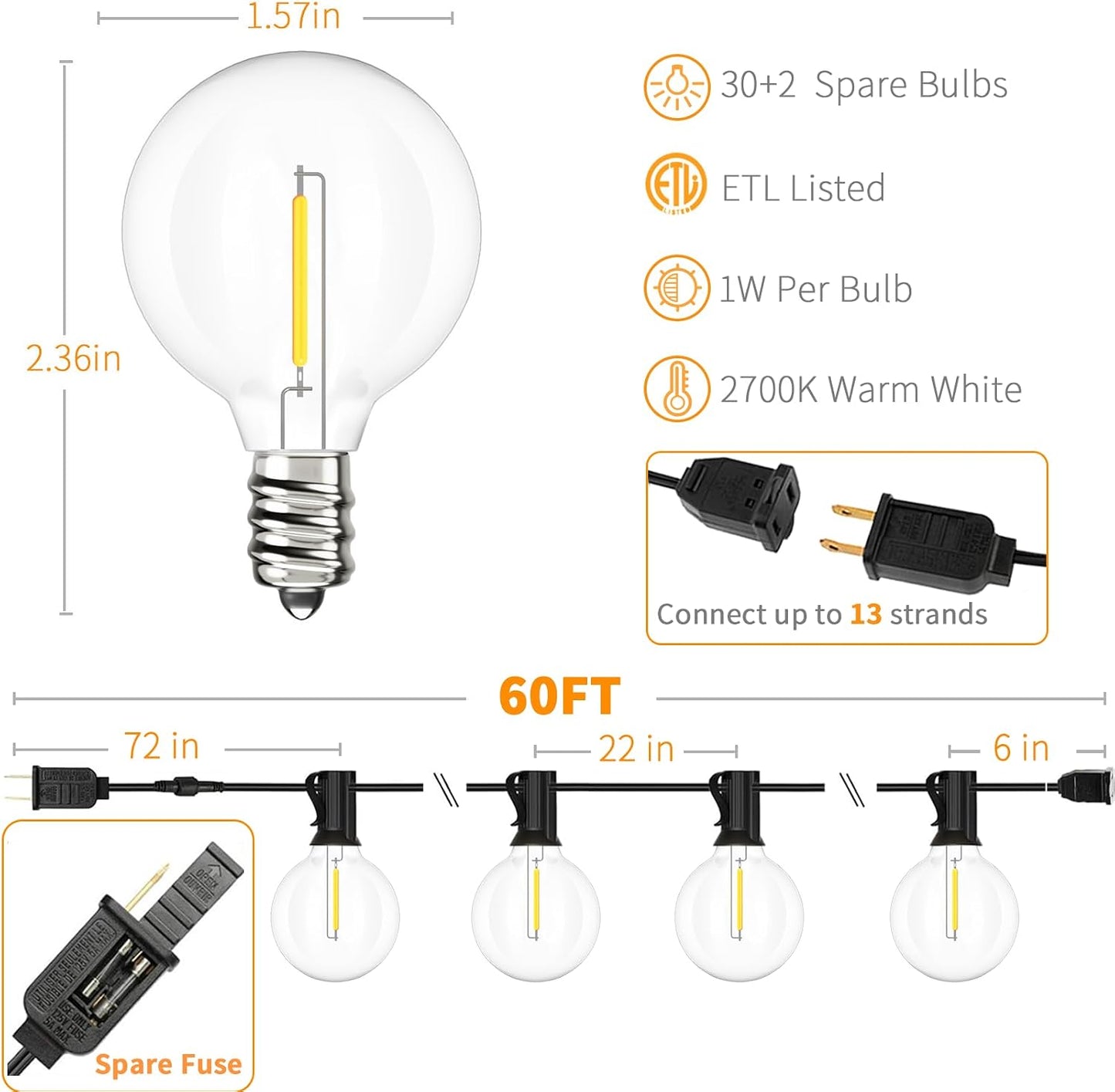 Tira LED 60ft Globo Patio 32xG40 Impermeable Regulable
