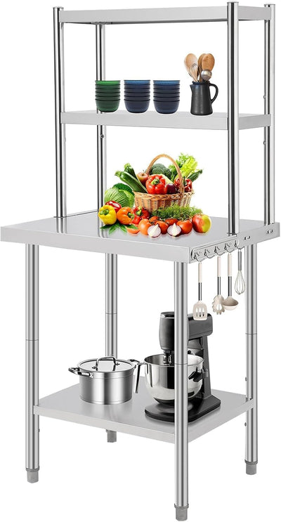 Mesa trabajo acero inox 30x24pulg estantes ajustables 2 niveles