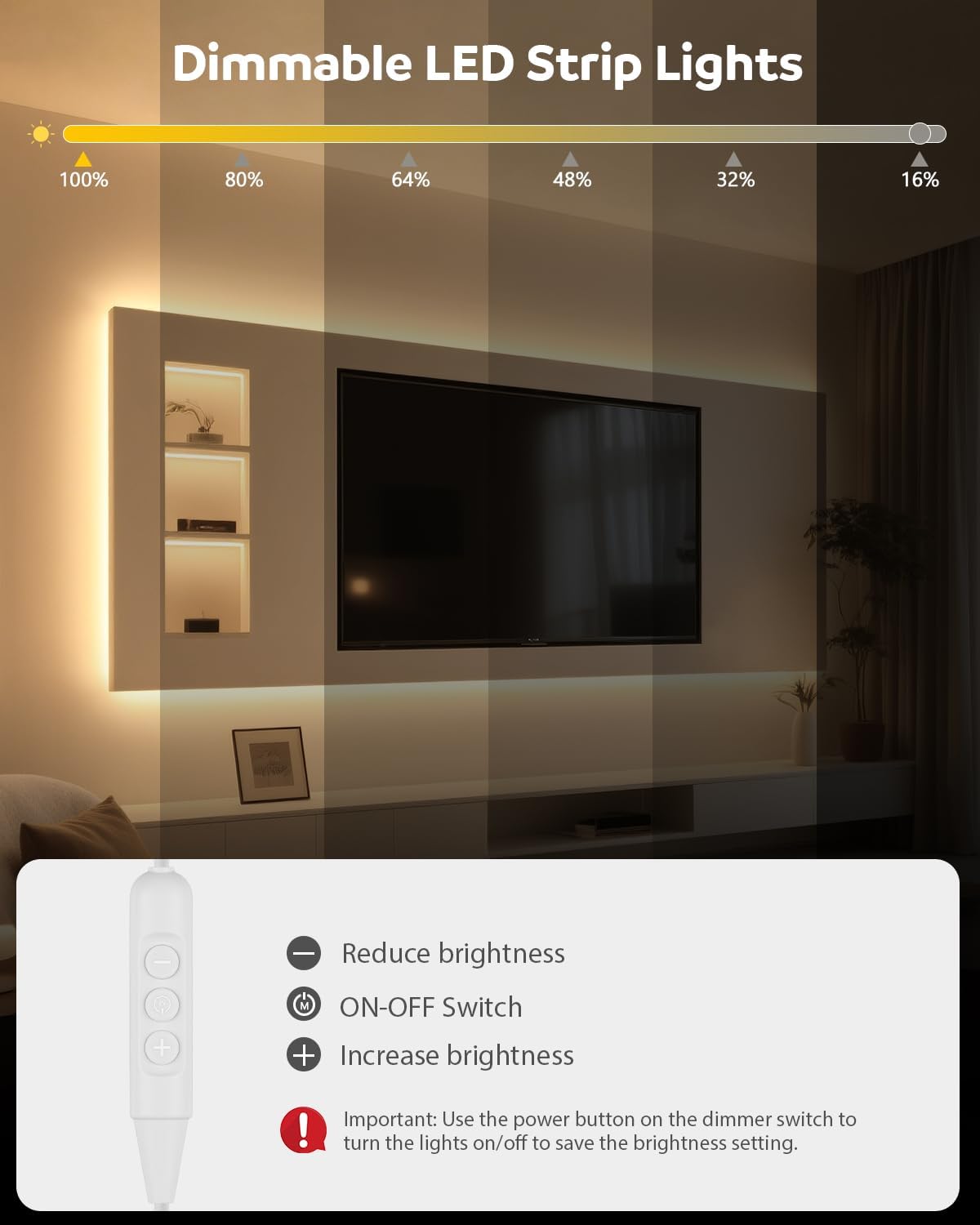 Tira luces LED 16.4pies blanco cálido 300LED regulable USB