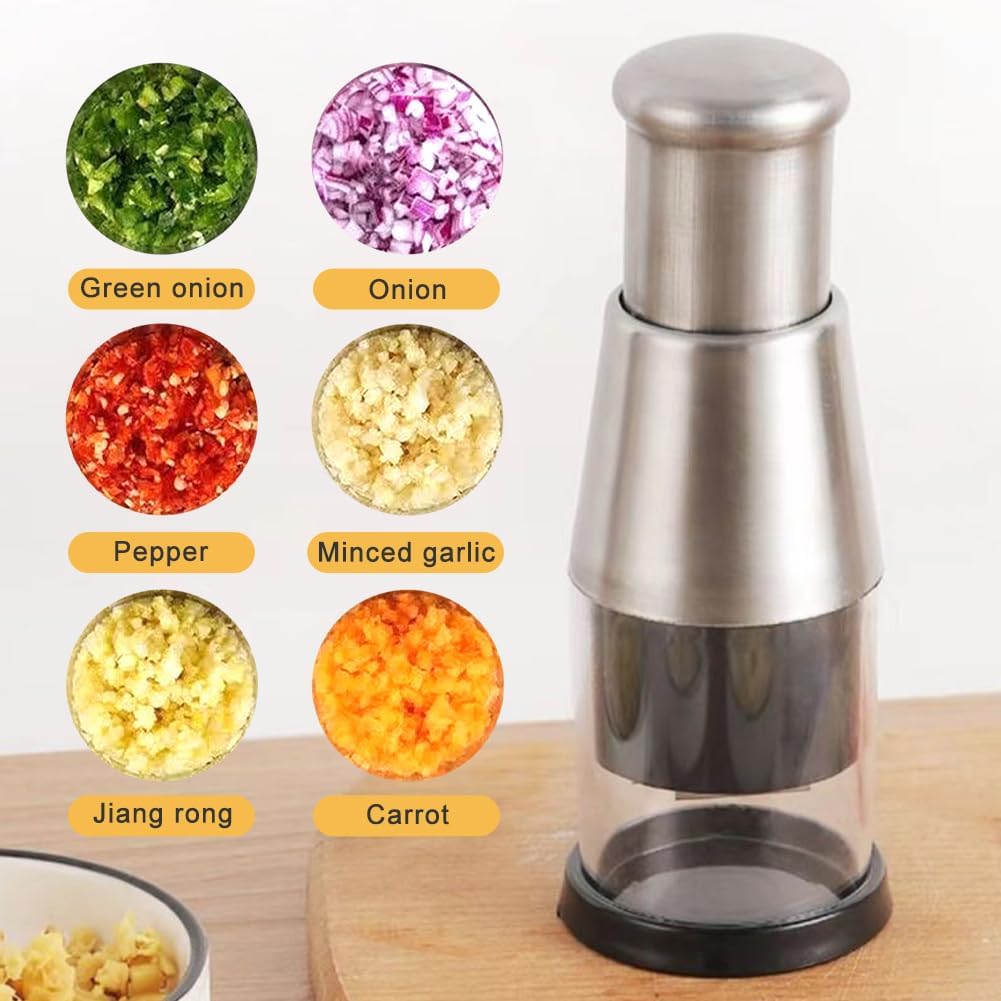 Picadora manual de alimentos compacta de acero inoxidable para ajo, papas, pimientos y cebolla