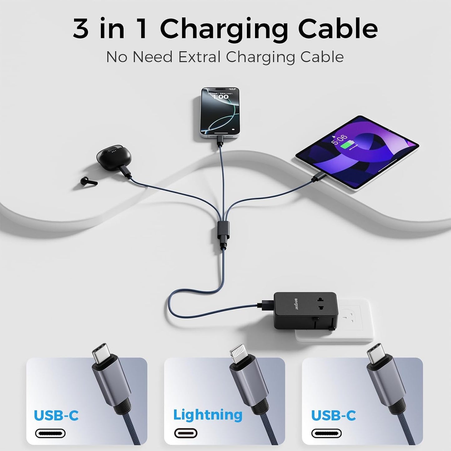 Adaptador viaje universal 3en1 con USB-A y USB-C para 150 países