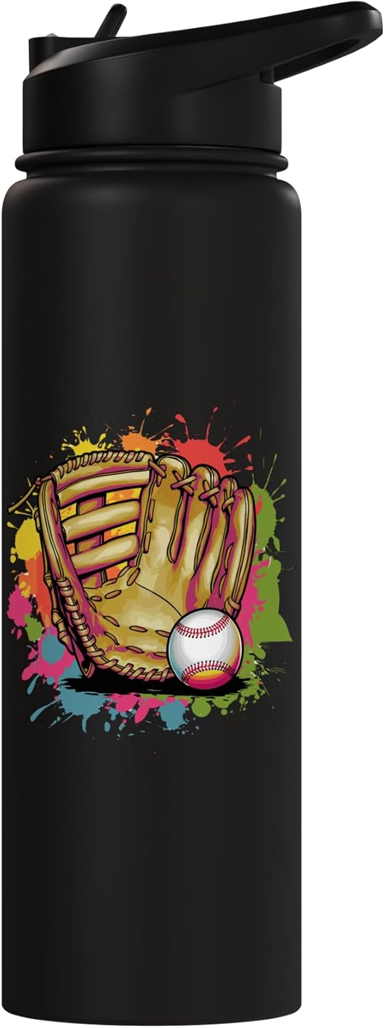 Guantes de béisbol coloridos con bola de acero inoxidable y botella aislada