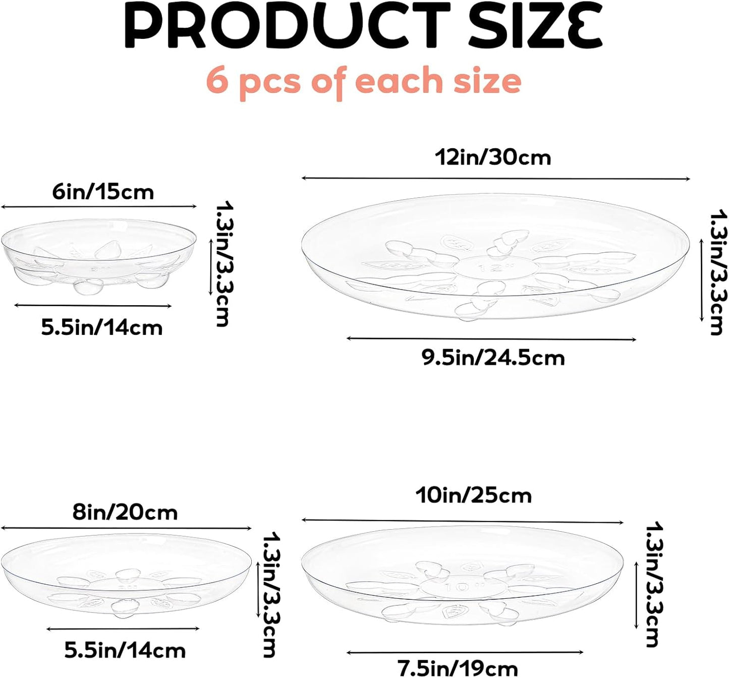 24 Platillos Transparentes para Plantas 6/8/10/12pulg Redondas