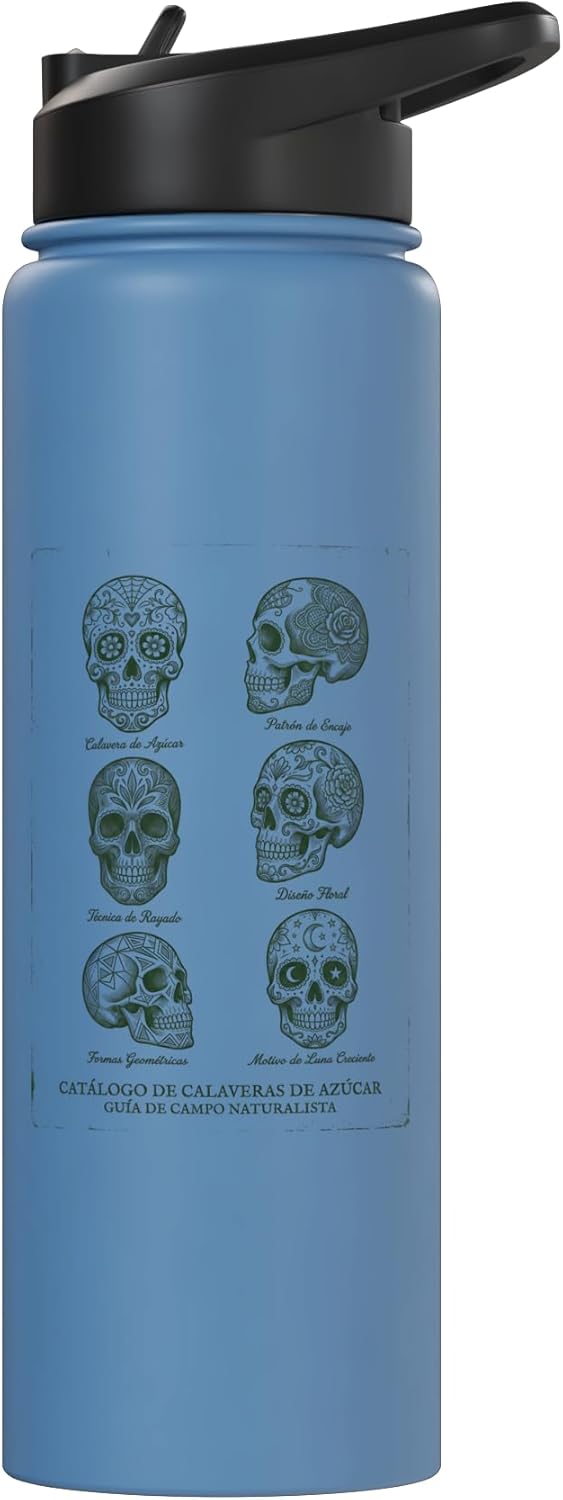 Botella de agua aislada de acero inoxidable con calaveras de azúcar