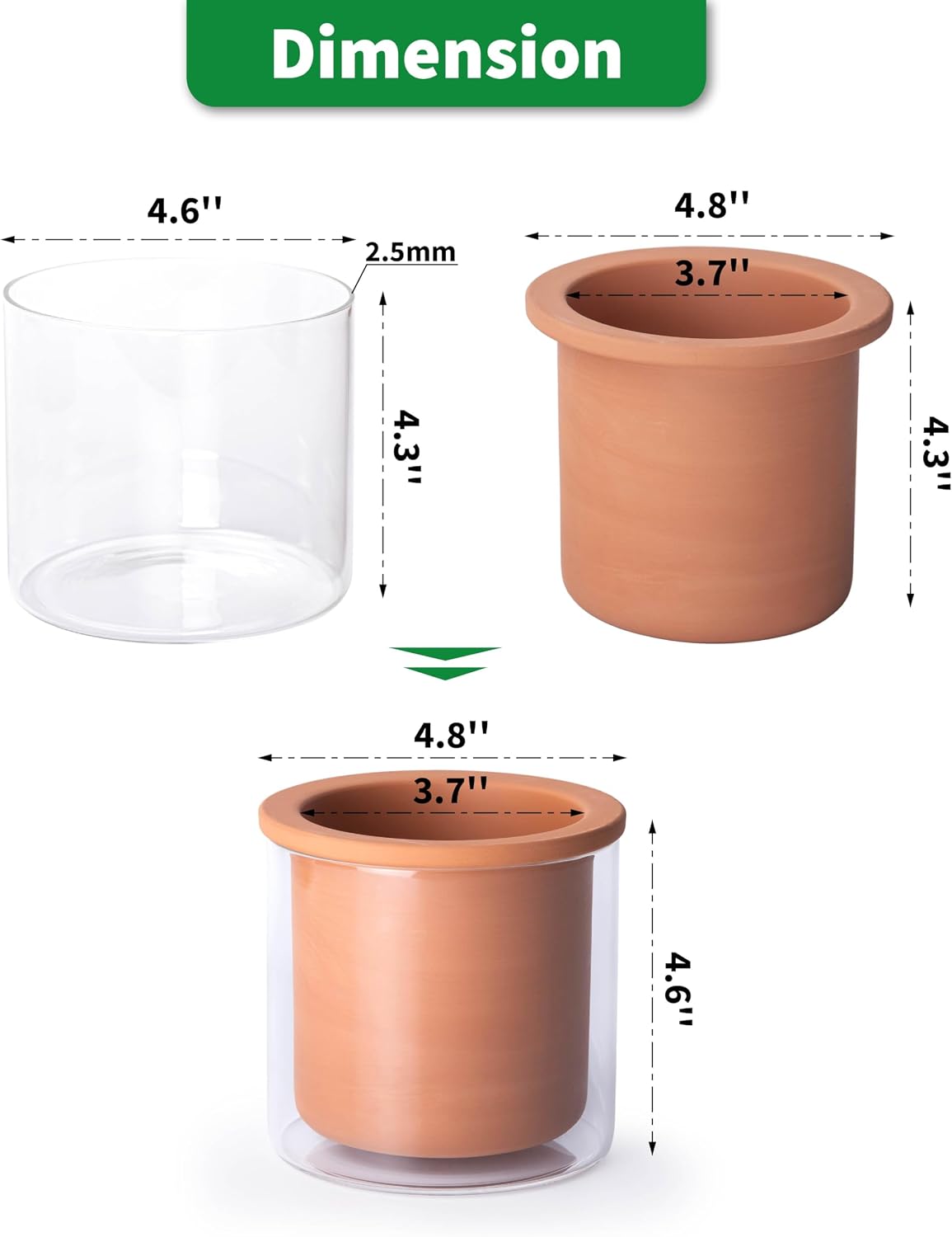Maceta terracota autorriego cilíndrica 4pulg jarrón vidrio
