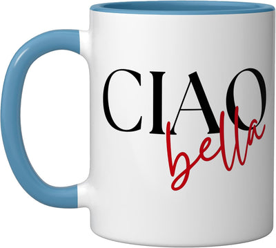 Taza de cerámica con frase italiana Ciao Bella azul/blanco