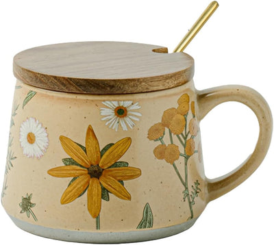 Tazas café cerámica 13oz florales con tapa y cuchara