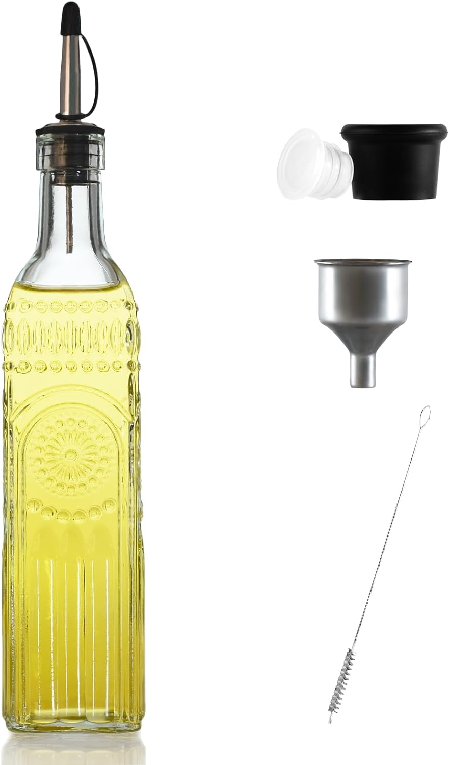 Dispensador aceite vidrio 17oz con vertedor acero inox cepillo