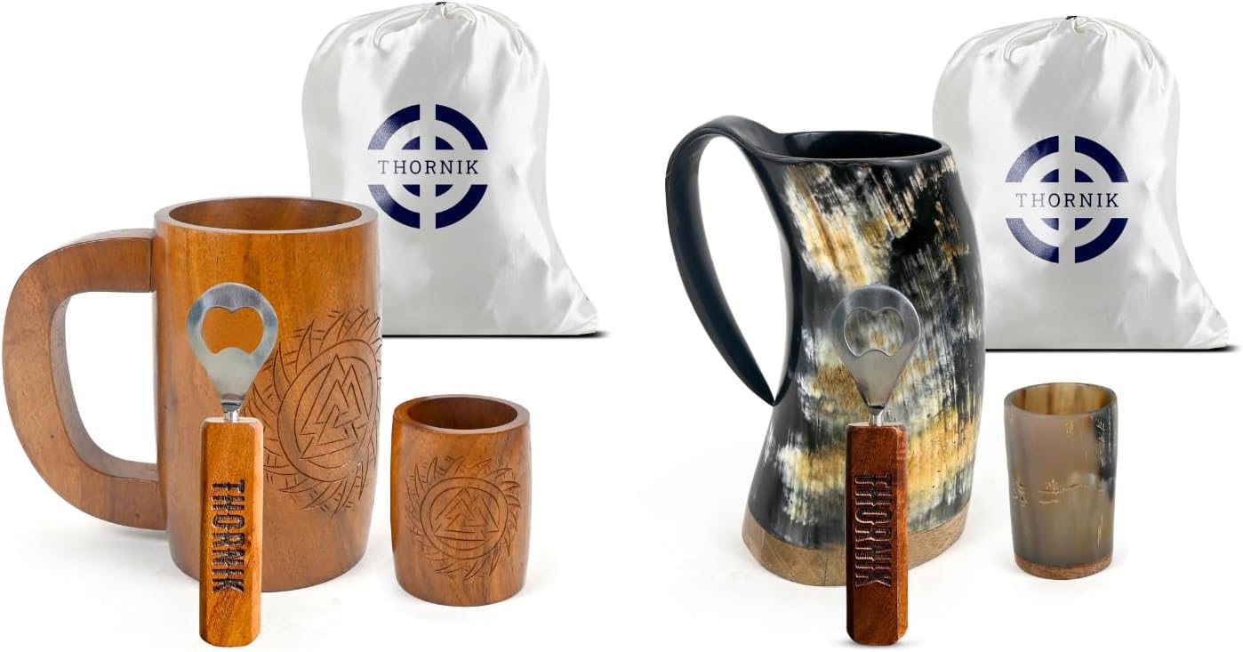Juego tazas Vikingas madera grabada 16-20oz con vasos chupito