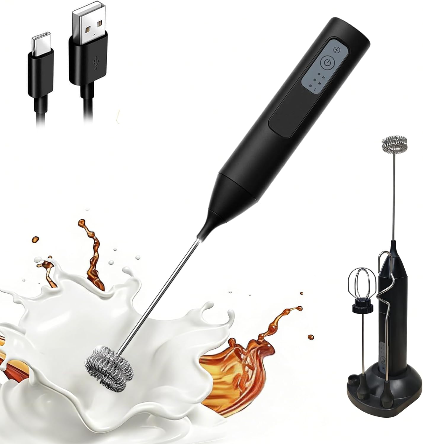 Espumador de leche recargable batidor de acero inoxidable 3 velocidades USB-C