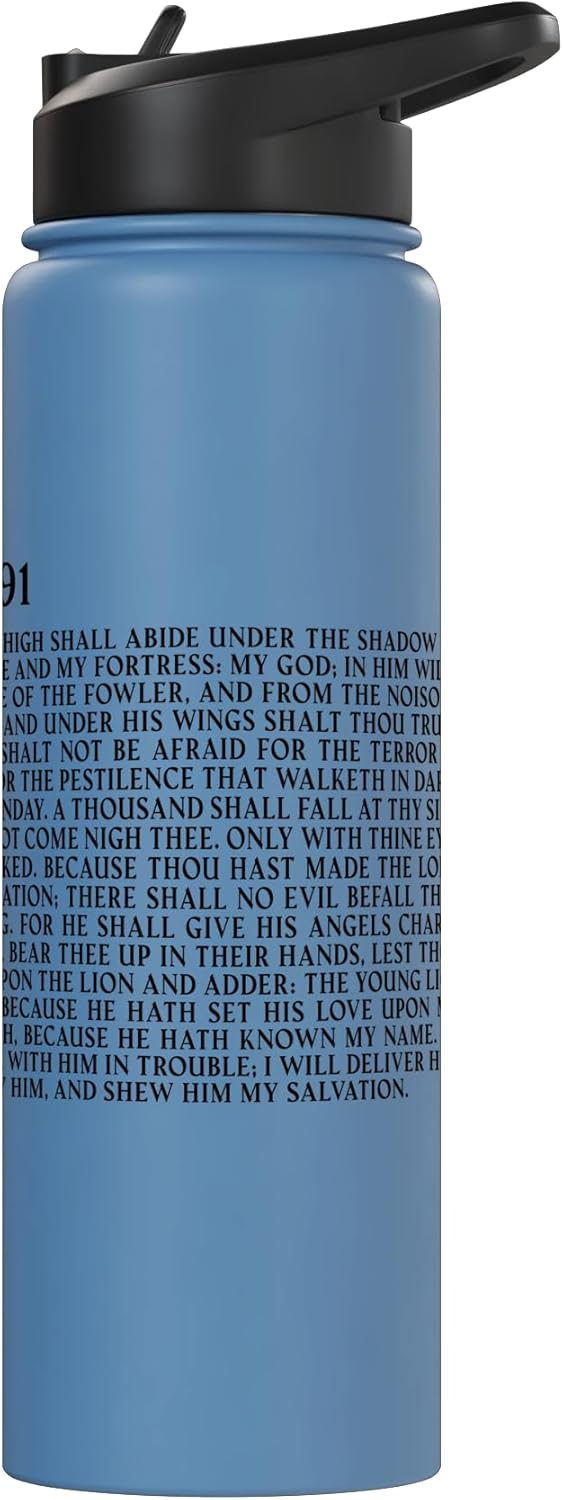 Botella de agua aislada de acero inoxidable con versiculo biblico de proteccion