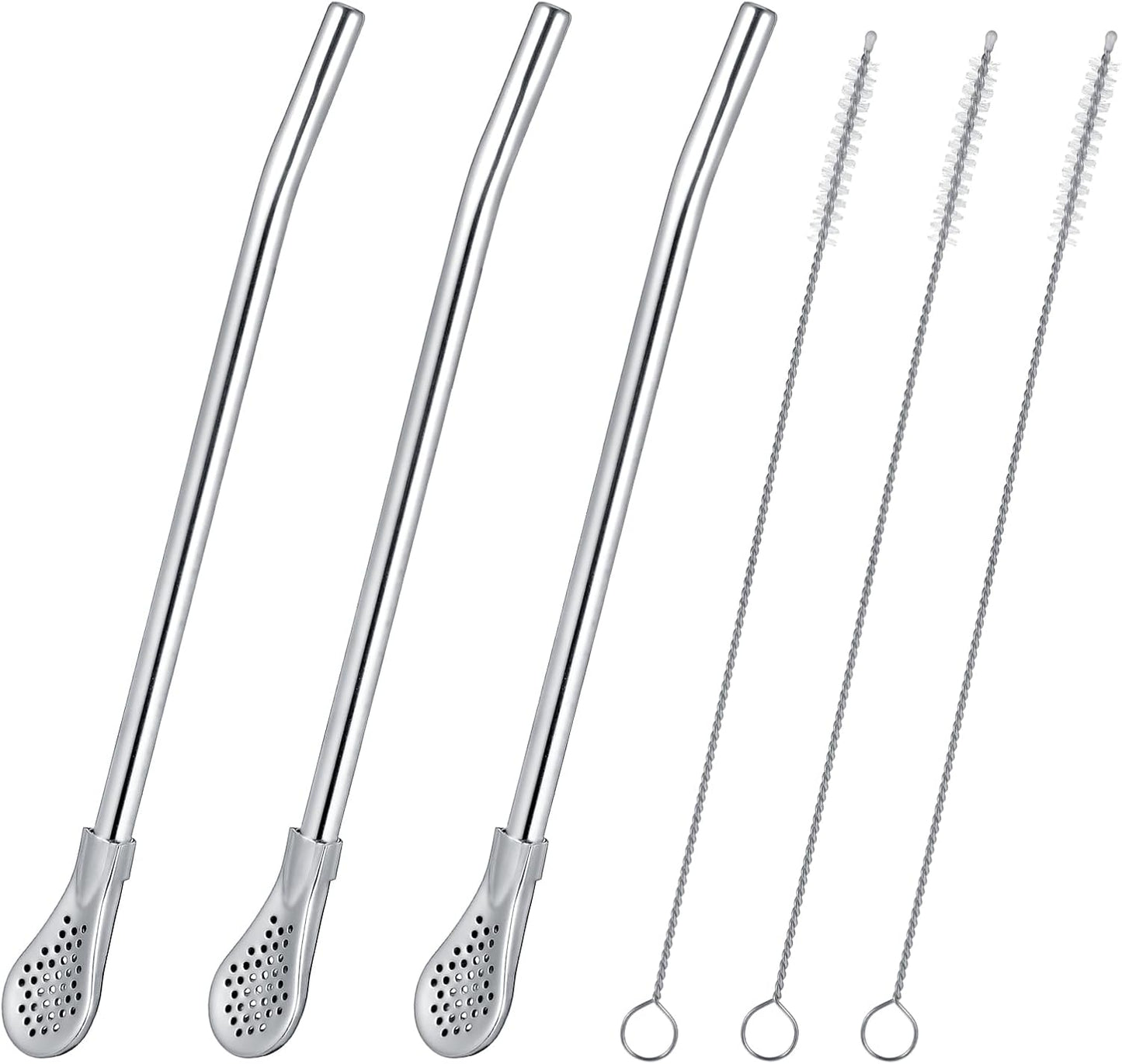 Juego de 6 popotes de yerba mate de acero inoxidable con cucharas y cepillos