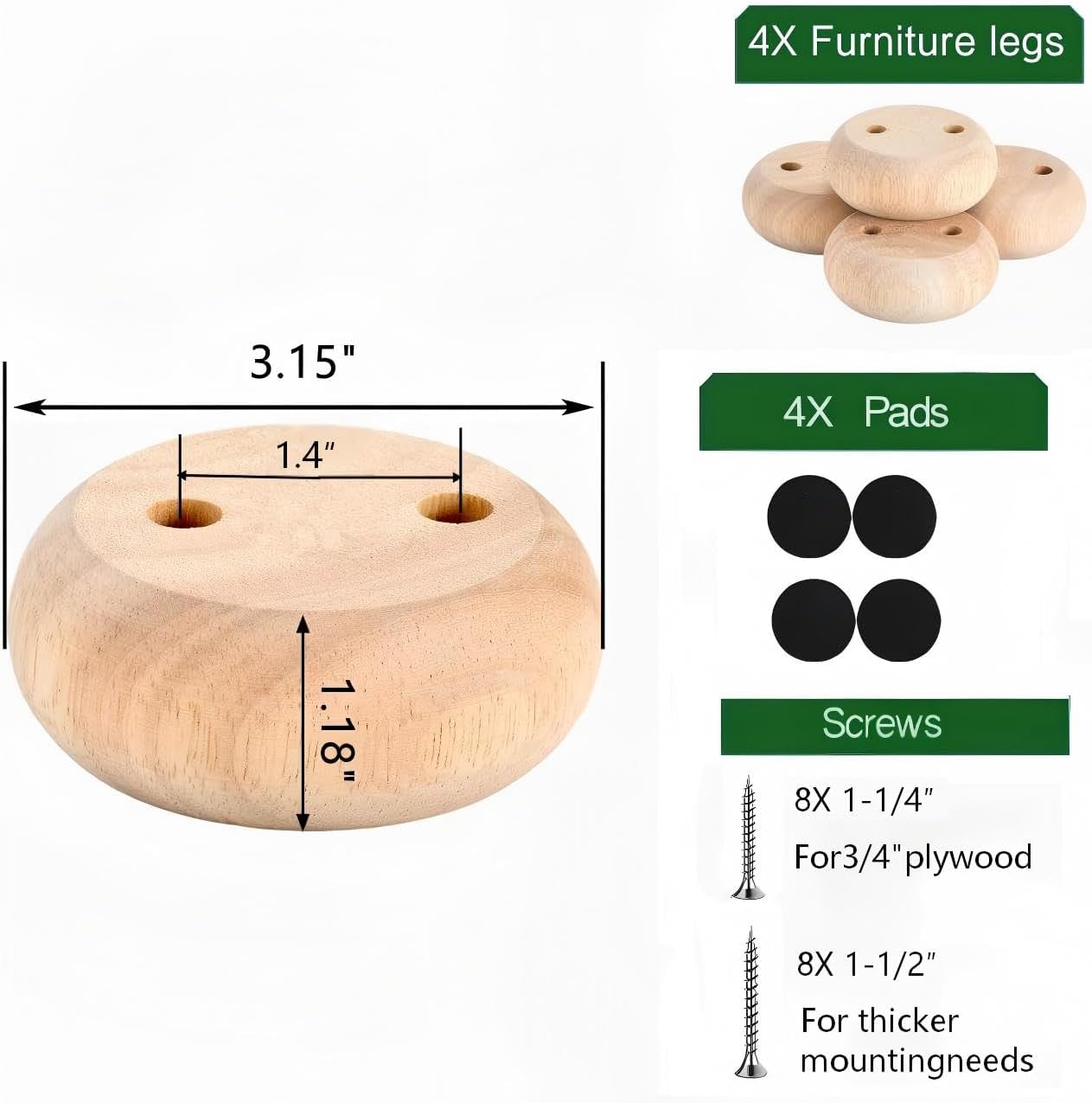 Patas mueble madera dura 1pulg set 4 redondas