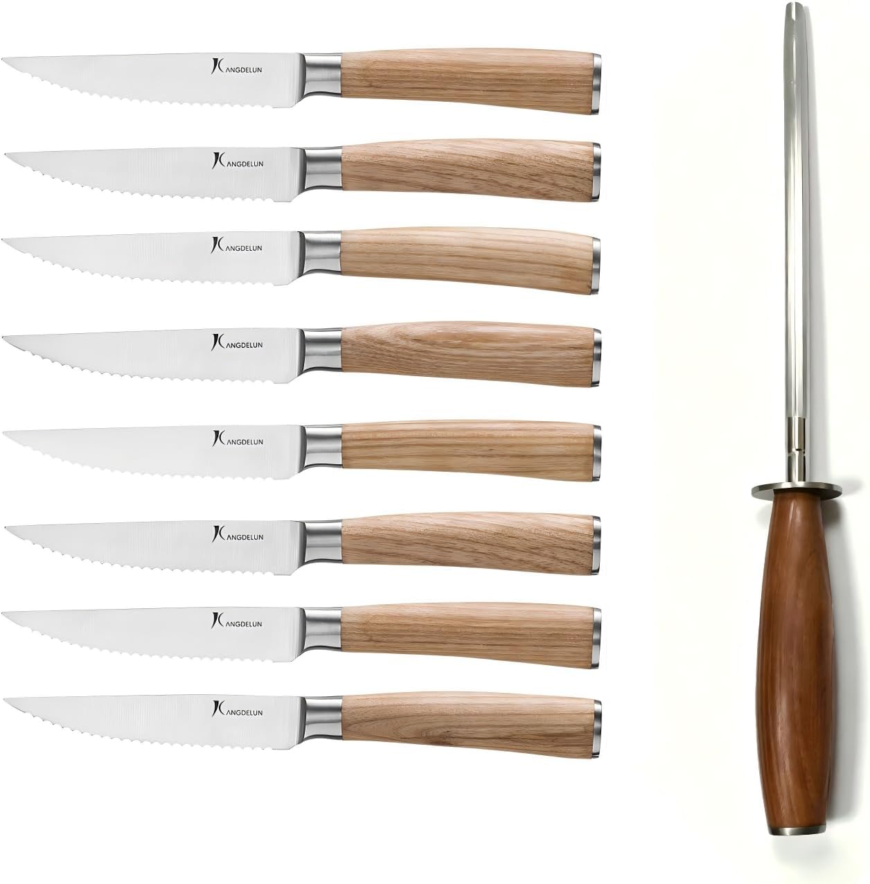 Set 8 Cuchillos Carne Acero Inox con Afilador Madera