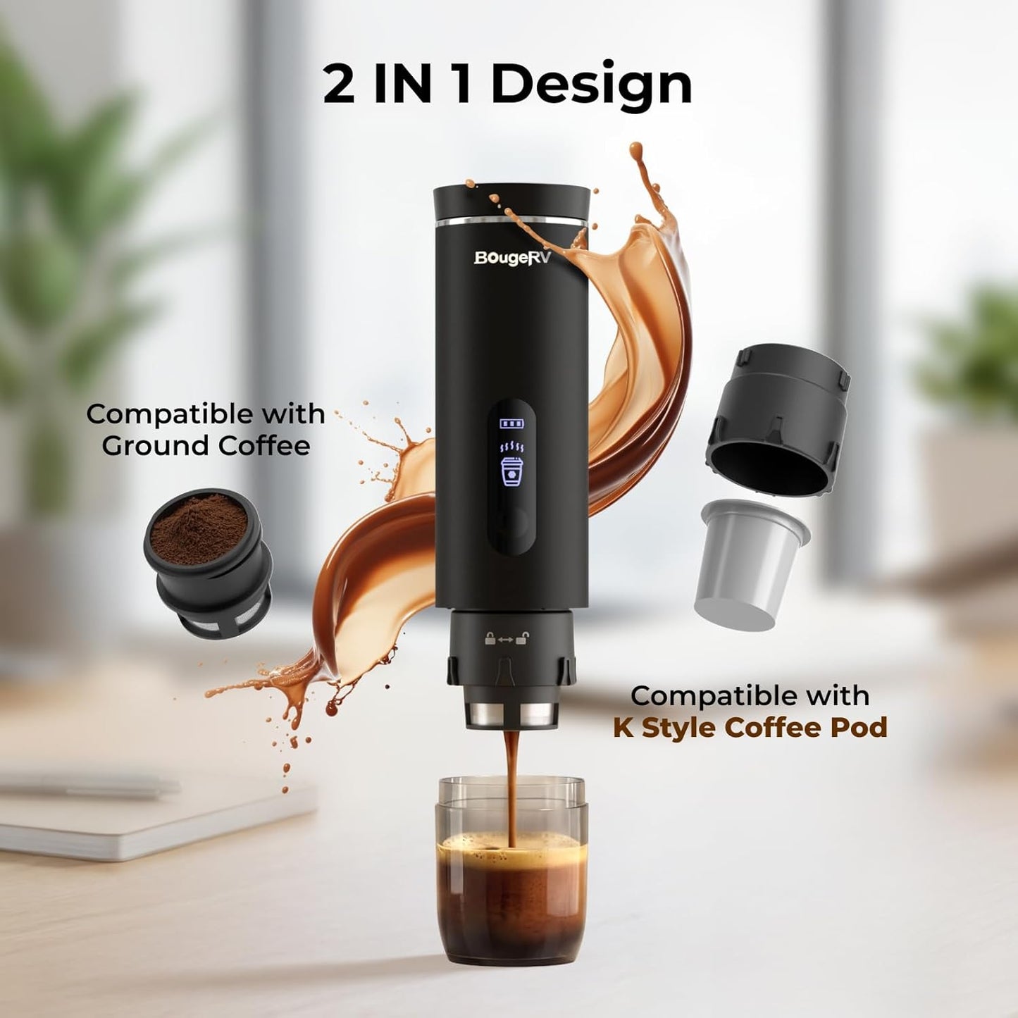 Cafetera de goteo portátil BougeRV compatible con K Cup y café molido