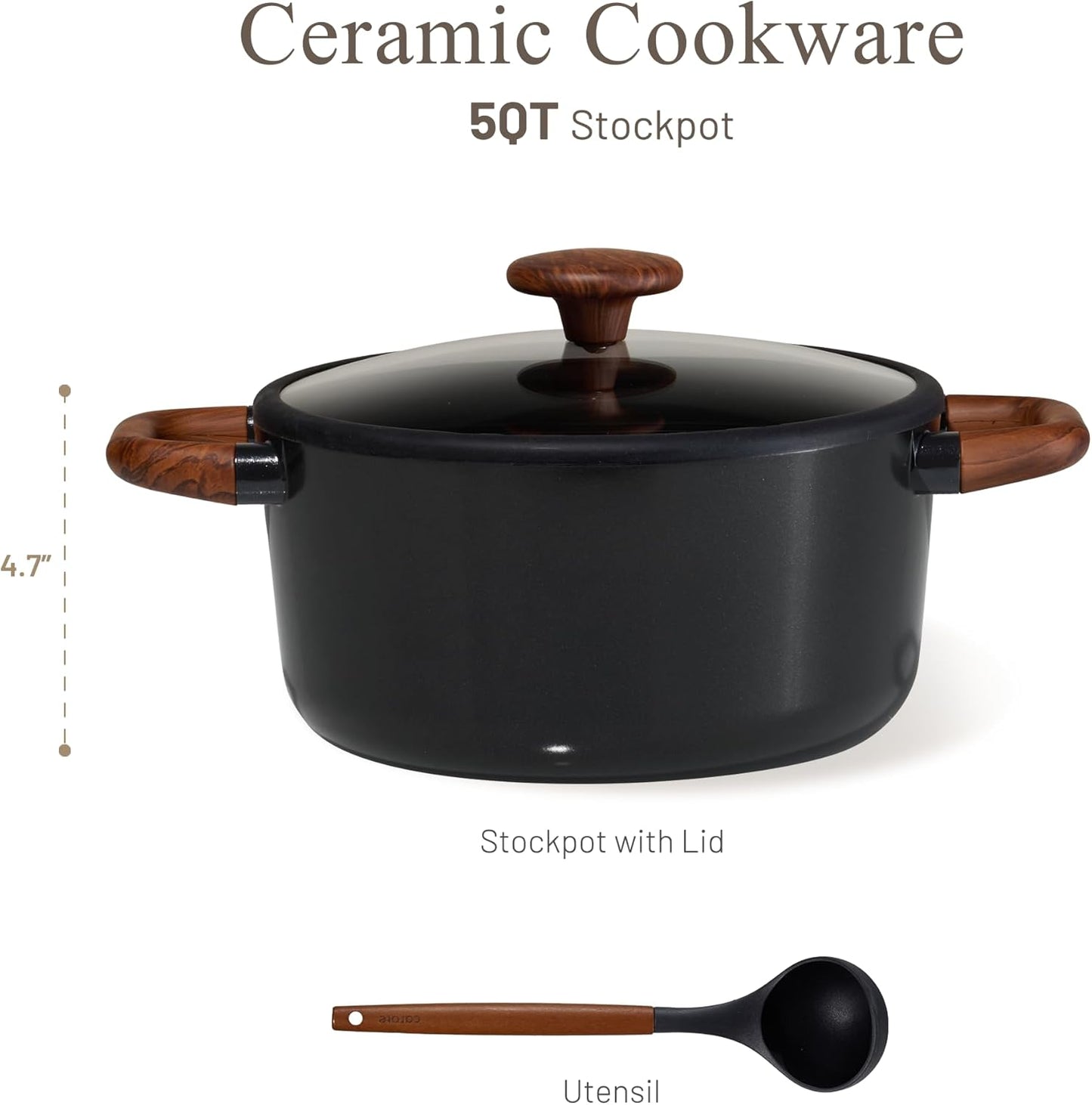 Olla Cerámica 5qt Antiadherente Tapa Cucharón Negro