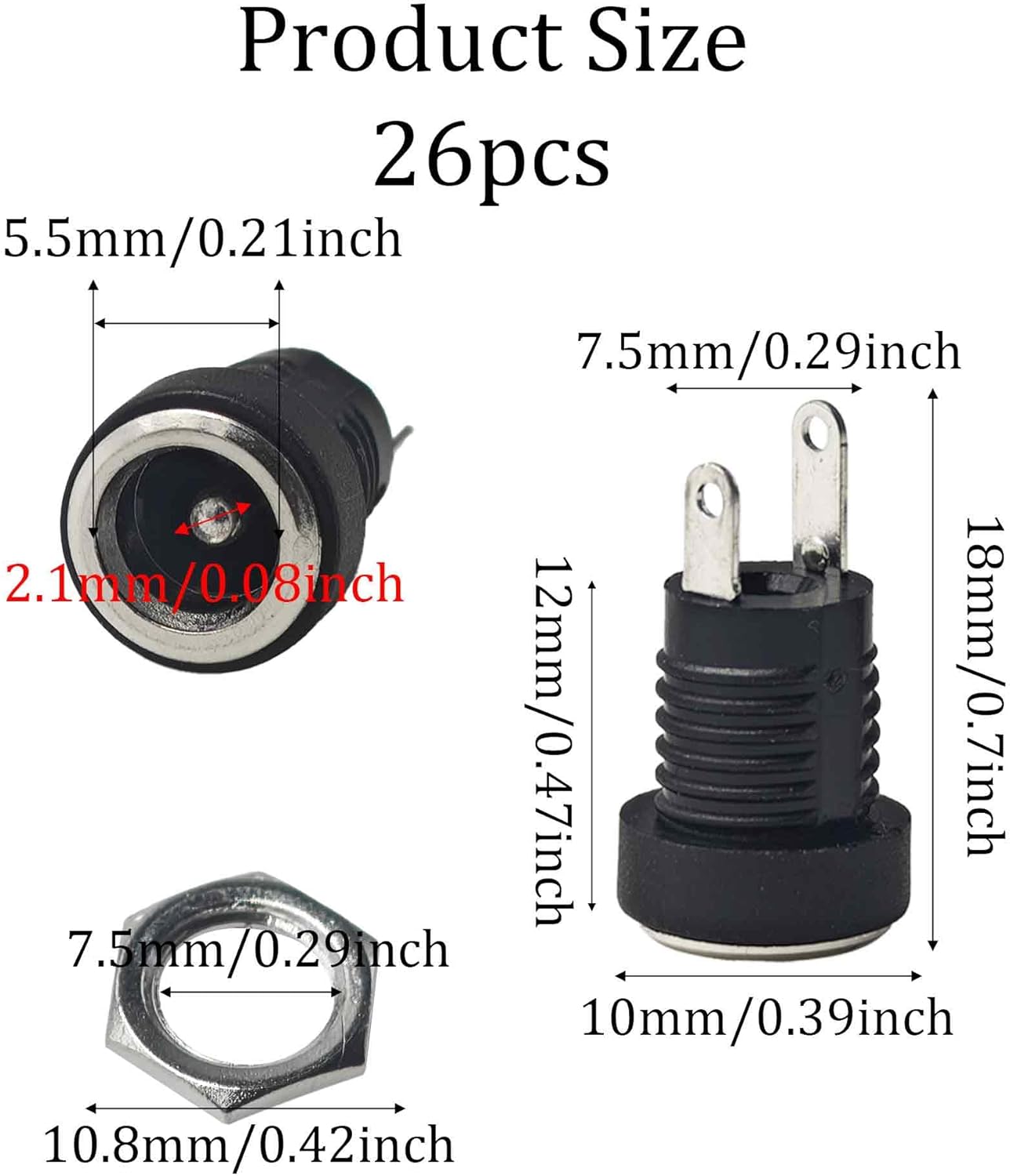 26 Pzas Conector DC 5.5x2.1mm Negro para Electrónica
