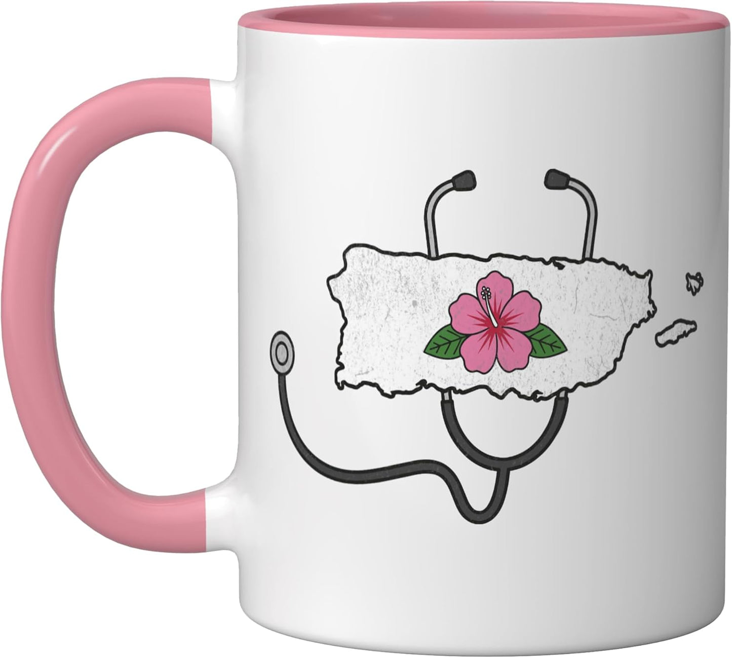 Taza de cerámica con mapa de flores boricua enfermera color rosa y blanco