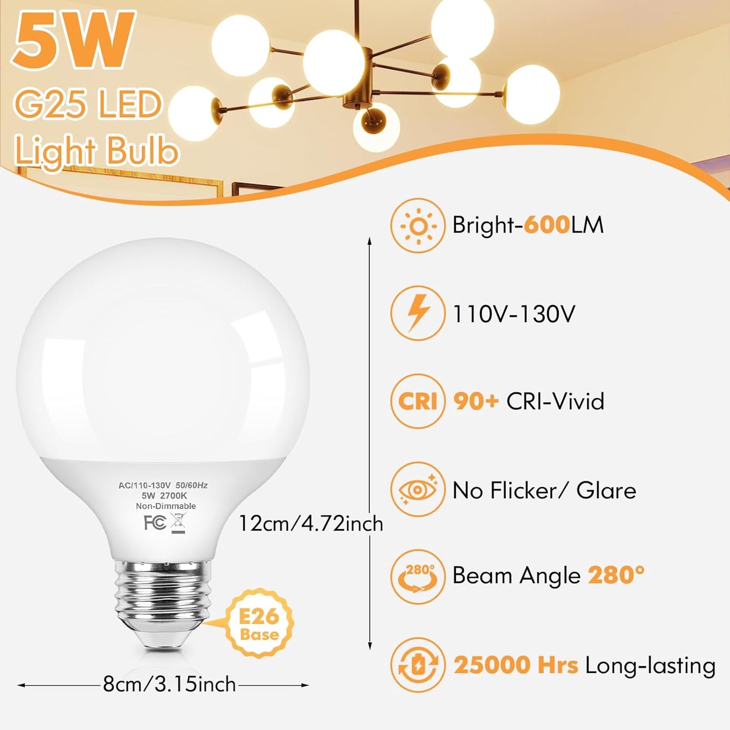 Bombillas LED G25 blanco cálido 2700K base E26 baño 5W