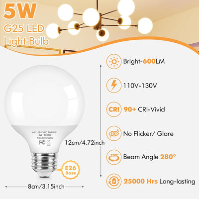 Bombillas LED G25 5W blanco cálido 2700K 600LM pack 8
