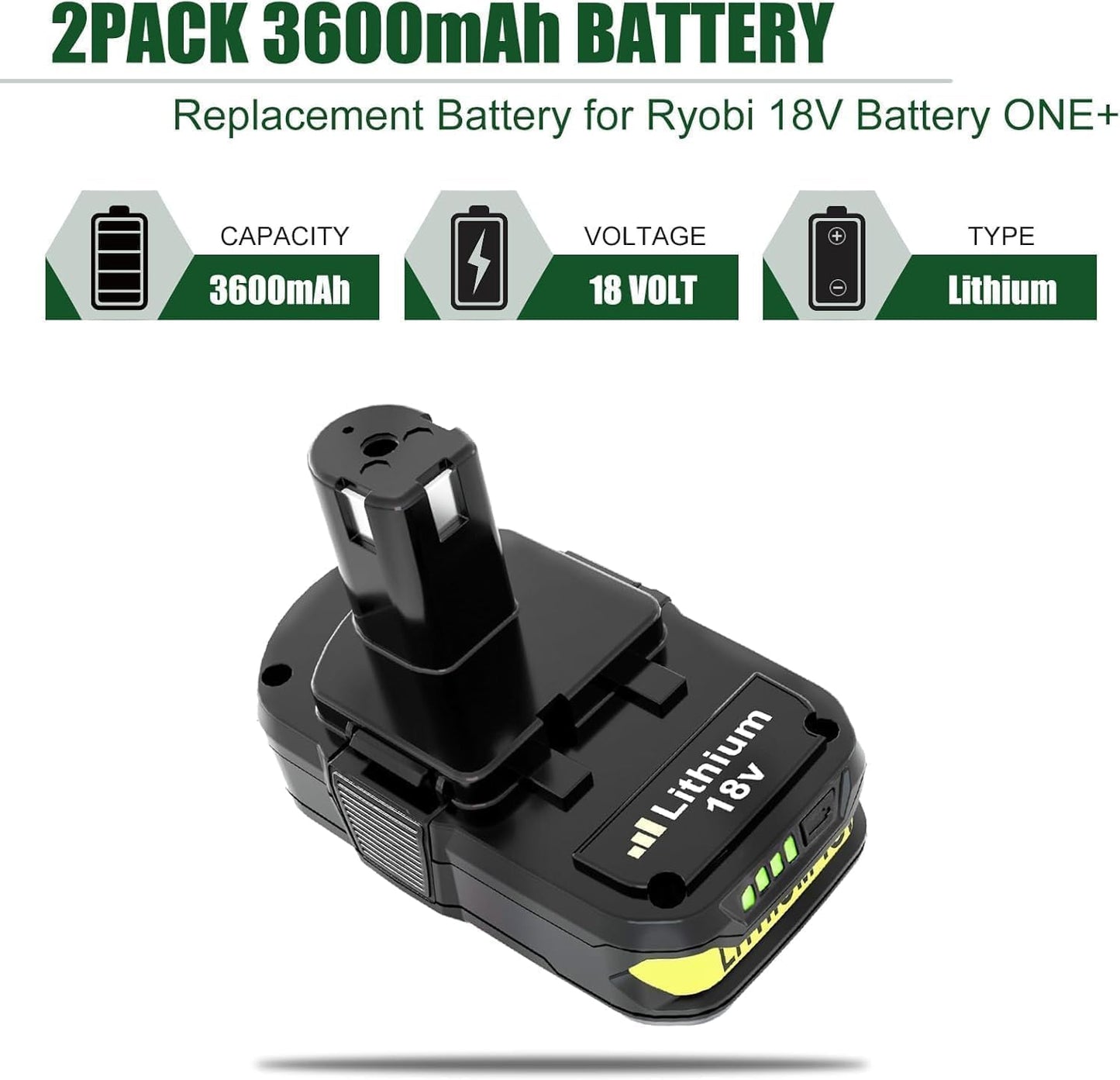 Pack 2 baterías 3600mAh comp Ryobi 18V