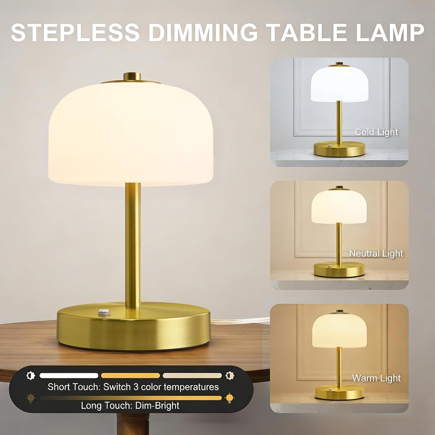 Lámpara Mesa Dorada Control Táctil 9pulg Puertos USB LED Regulable