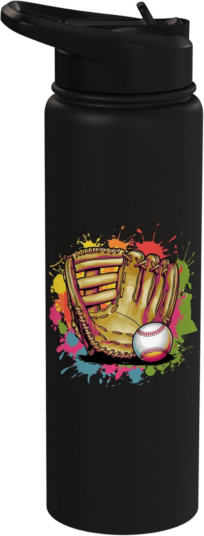 Guantes de béisbol coloridos con bola de acero inoxidable y botella aislada