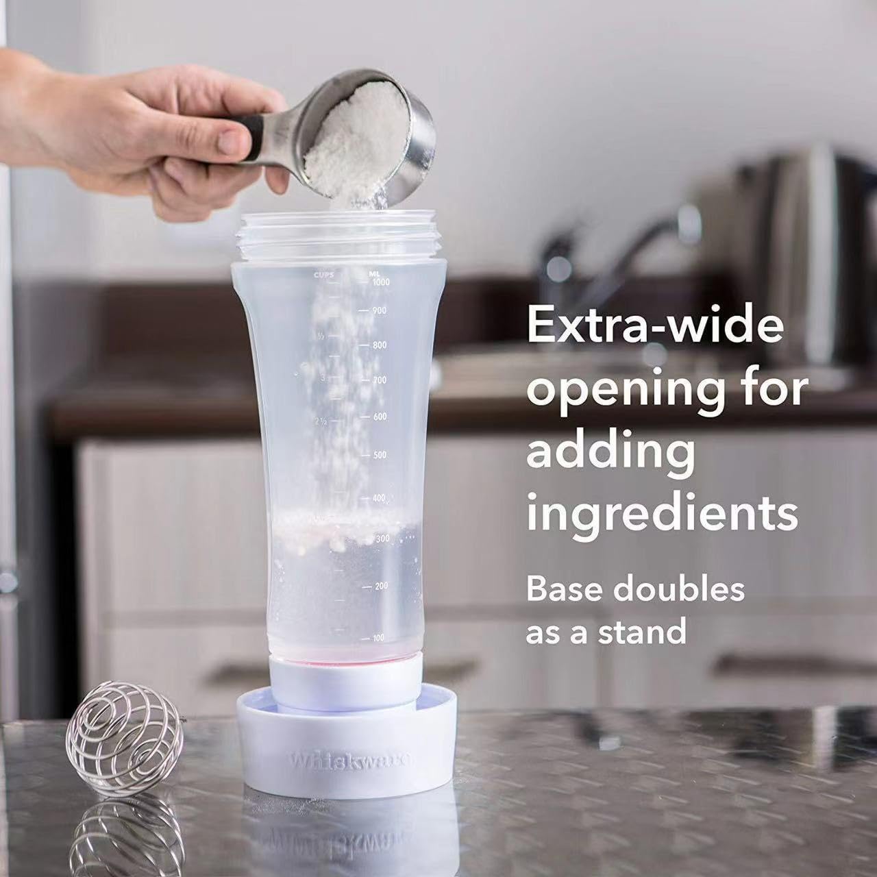 Bote dispensador de masa para panqueques con bola mezcladora y marca de medida