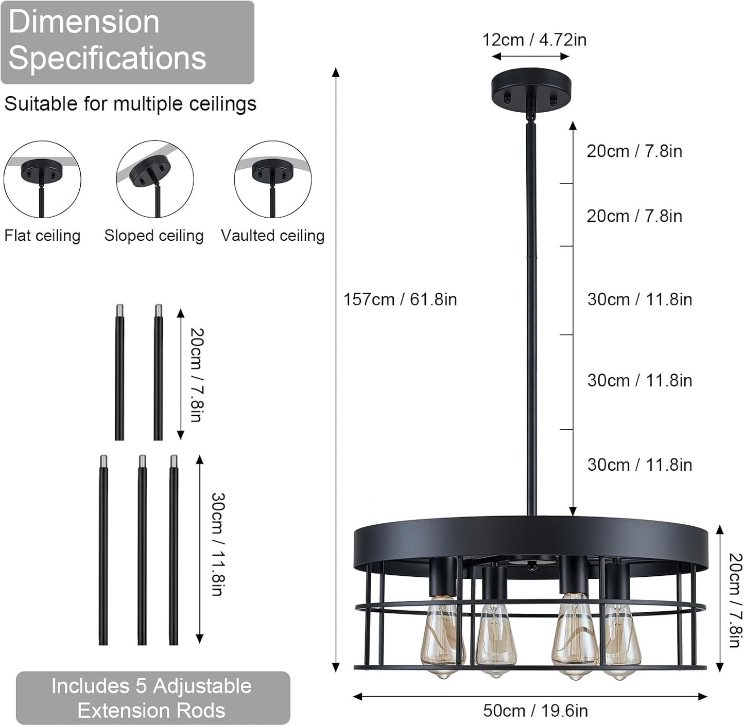 Lámpara tambor industrial 4 luces metal negro comedor sala