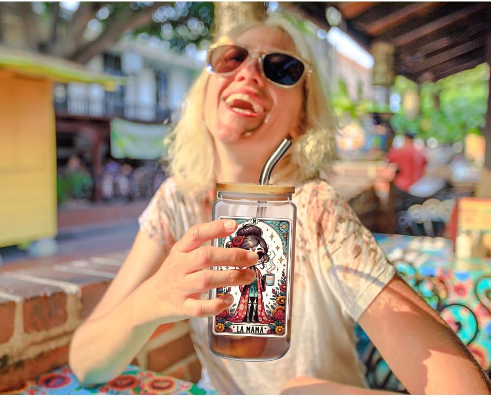 Vaso de vidrio con tapa y popote para mamá y mujer