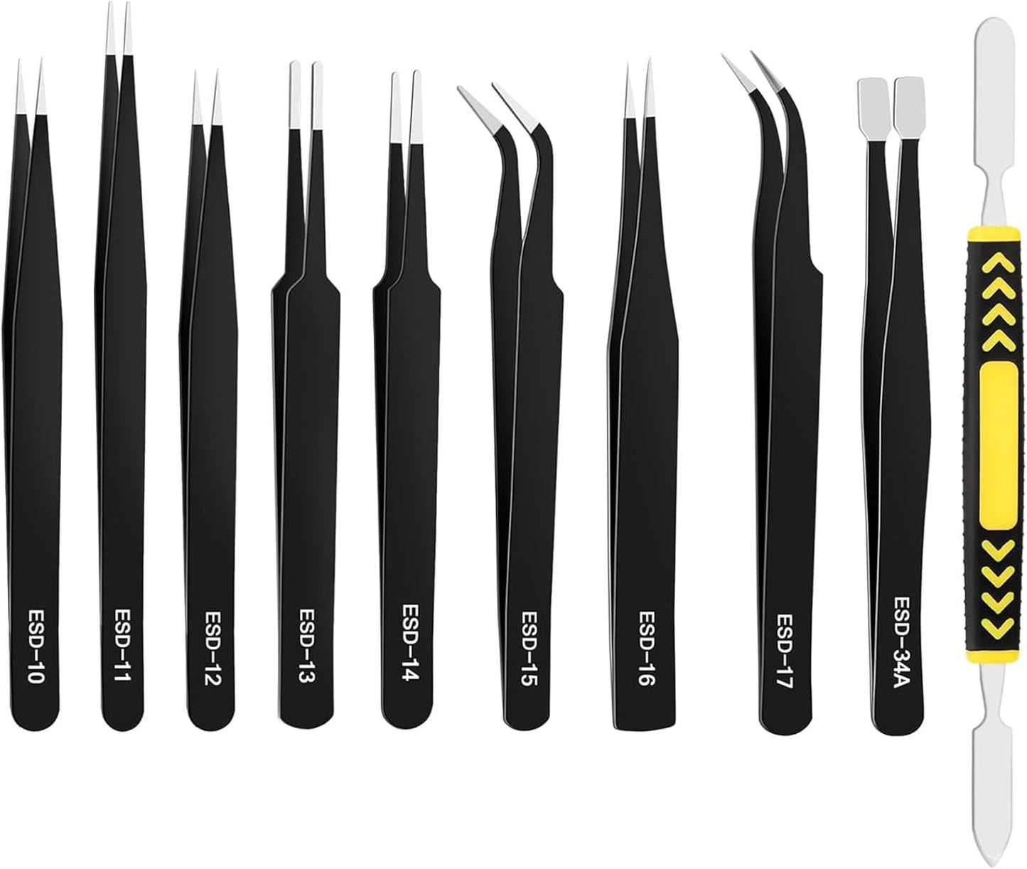 Set 10 Pzas Pinzas Precisión Acero Inox ESD con Estuche