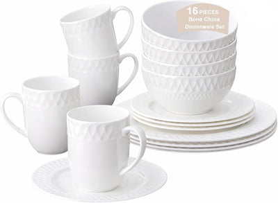 Set 16 Pzas Vajilla Porcelana Hueso Blanco Translúcida Patrón Panal