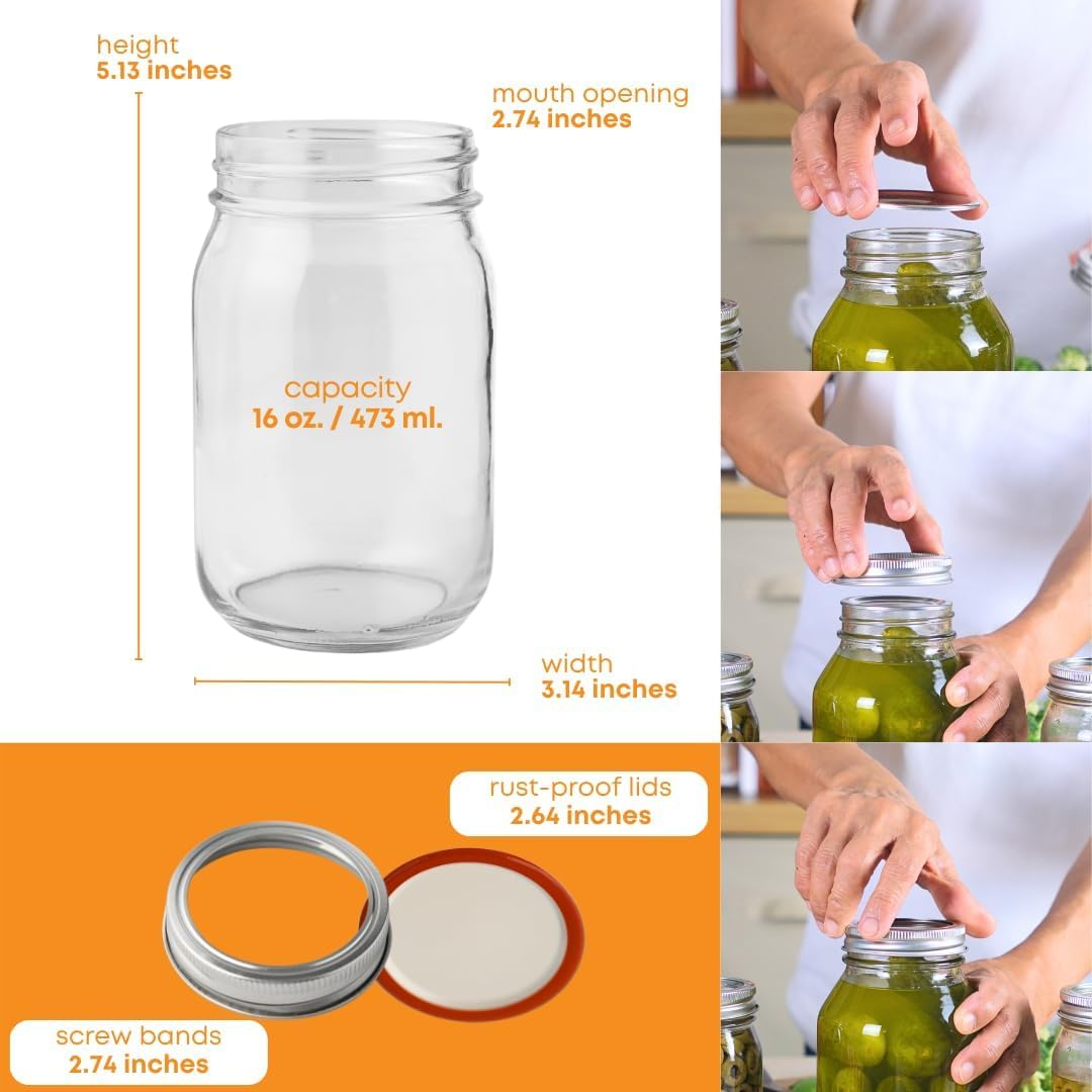 Tarros Mason 16oz set 6 con tapas metálicas vidrio para almacenar