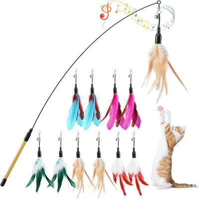 Juguete gato varita 34.5pulg con plumas y campana
