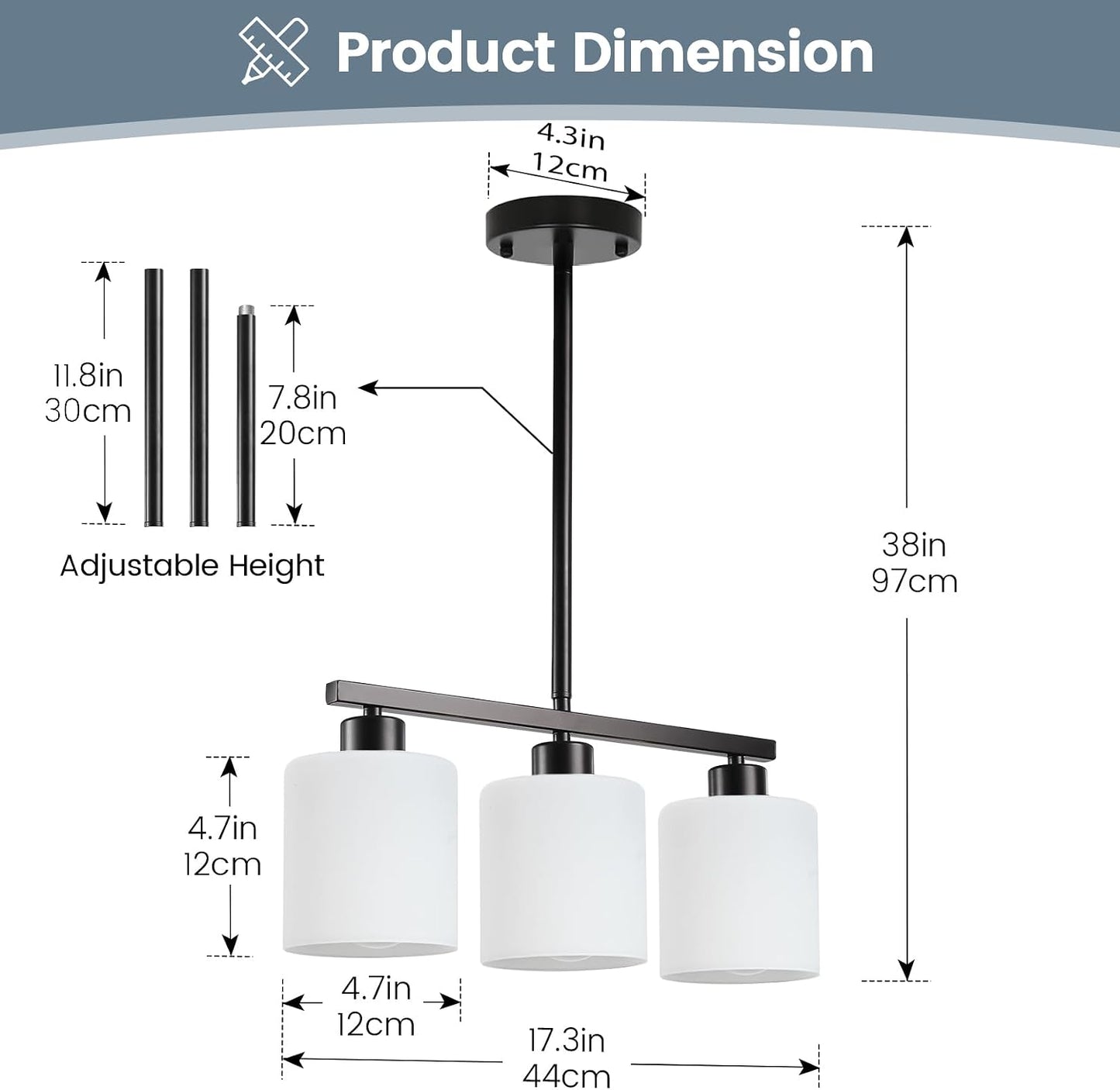 Lámpara colgante isla cocina 3 luces vidrio lechoso base E26