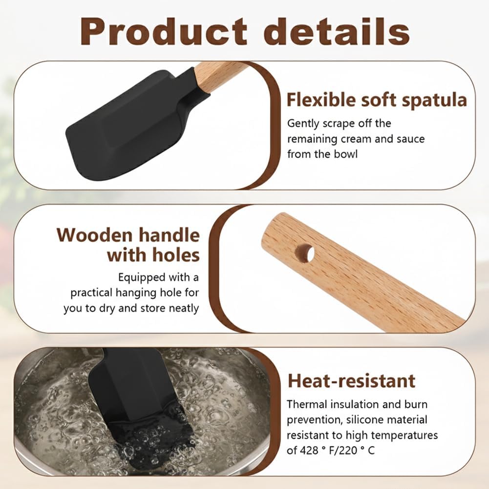 Set de 5 espátulas de silicona con mango de madera para cocinar y hornear