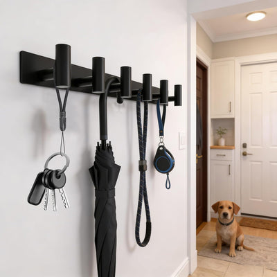 Perchero pared negro mate 6 ganchos acero inox