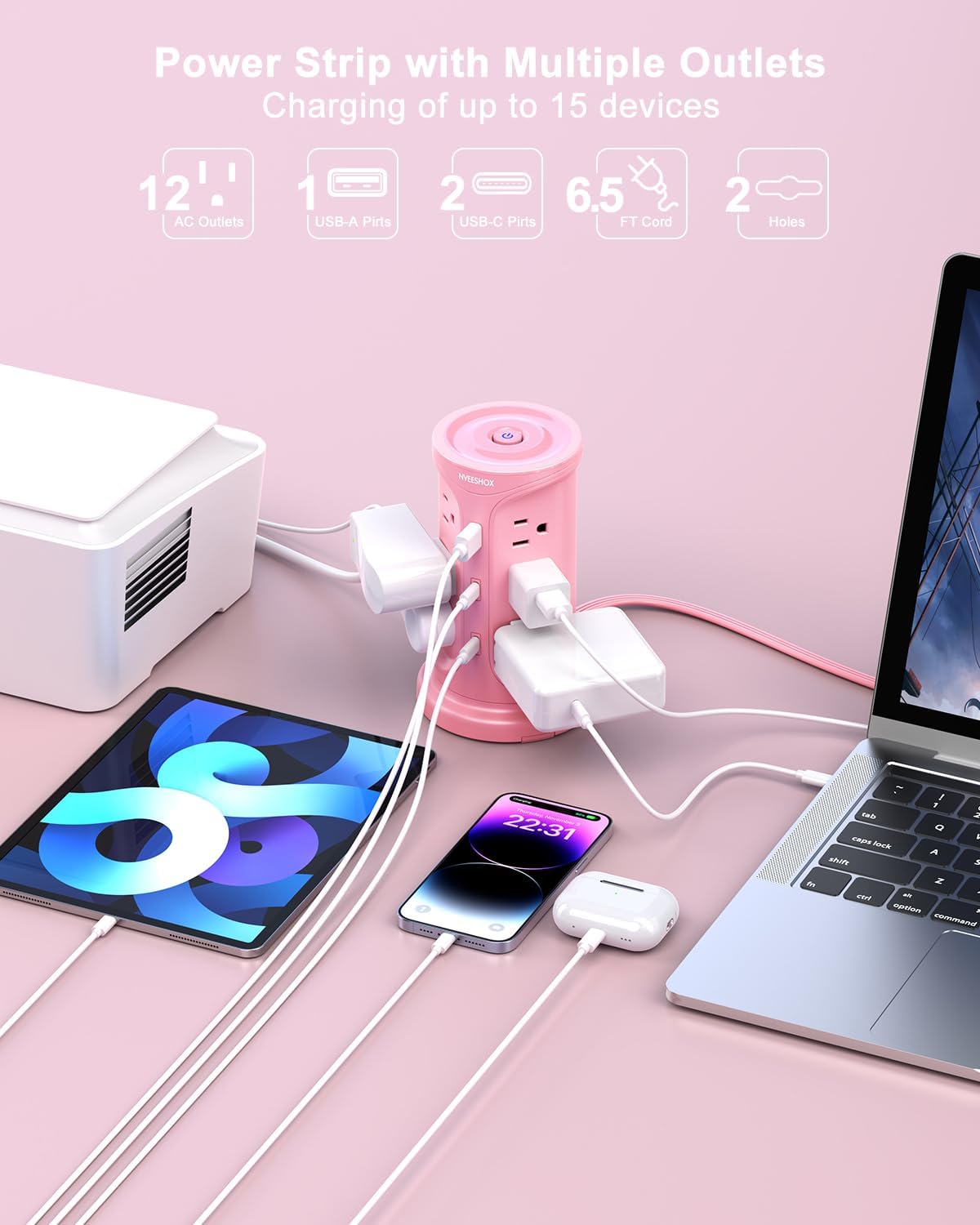 Regleta protectora 12 tomas USB C 3 puertos 6.5ft