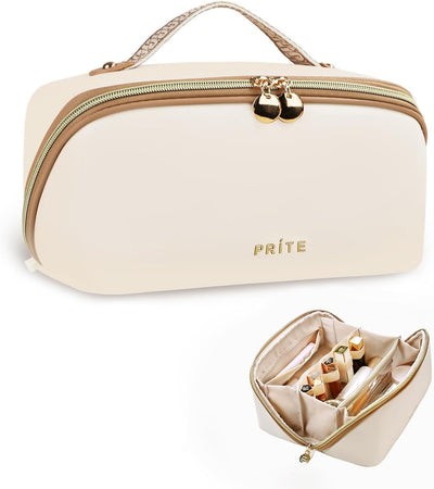 Bolsa maquillaje mujer piel vegana impermeable beige con divisor