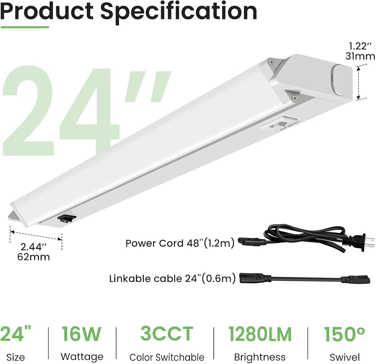 Luces LED enlazables 24pulg gabinete enchufe 16W 3 temperaturas